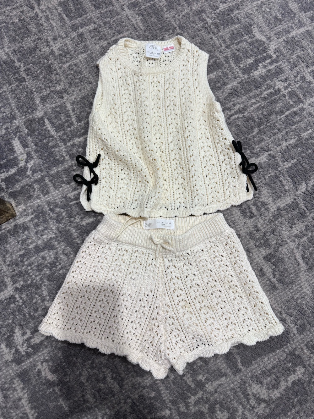 Zara Cream Openwork Knit Sleeveless Top and Shorts Set with Black Side Bows
